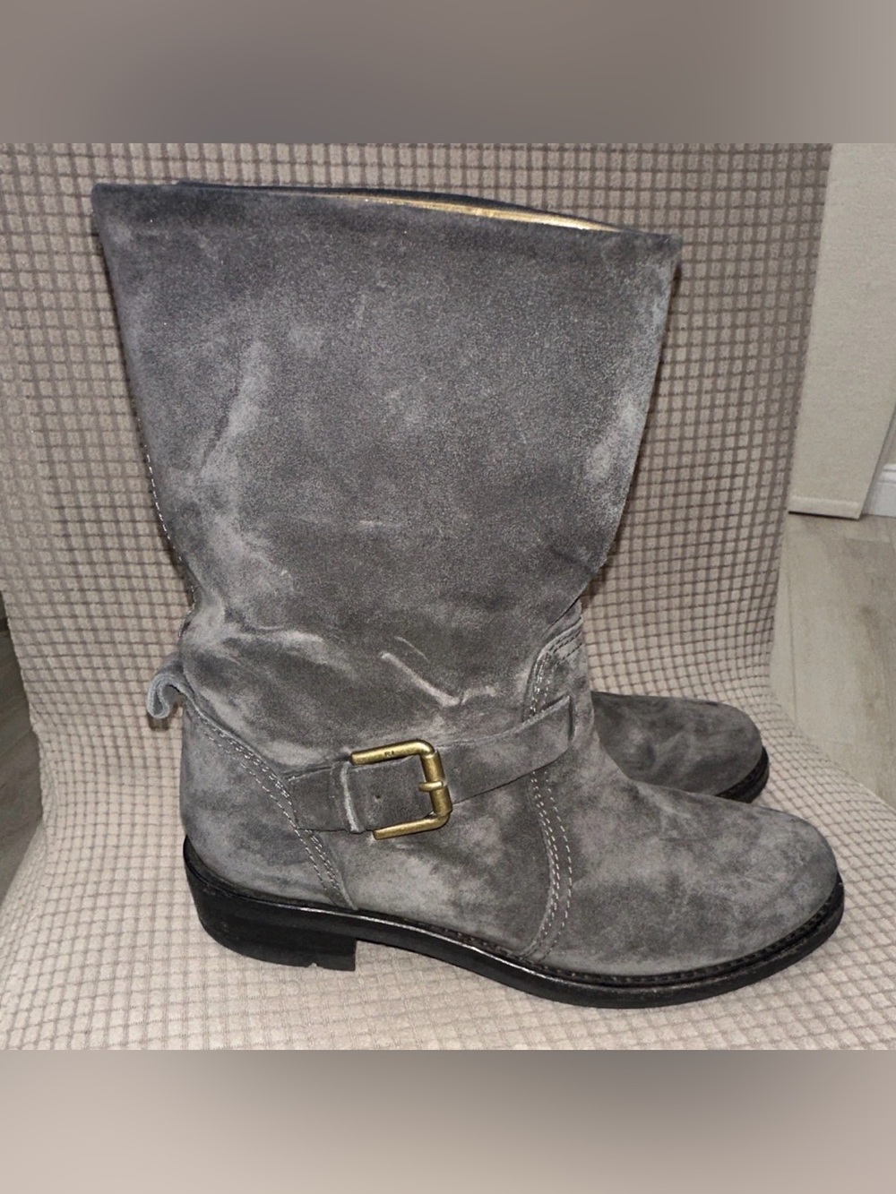Ralph Lauren Women's Gray Suede Buckle Mid-Calf Boots gold buckle